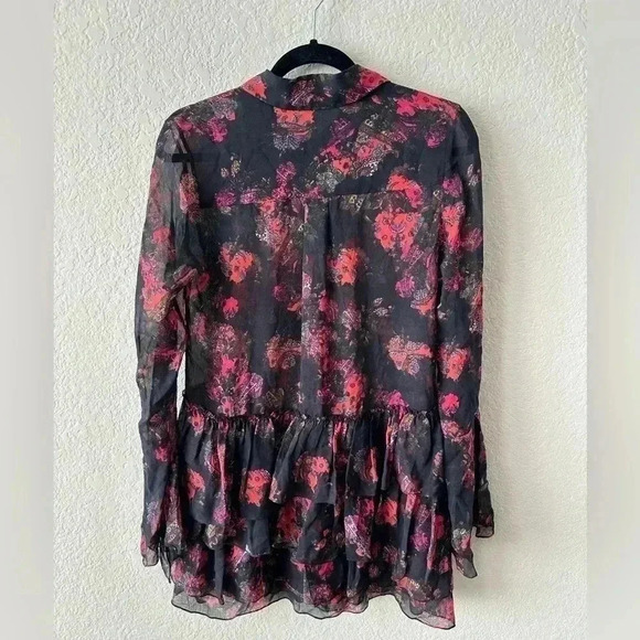 Thakoon Pink Black Floral Silk Ruffle Sheer Midi Dress Size 2 - Picture 4 of 7